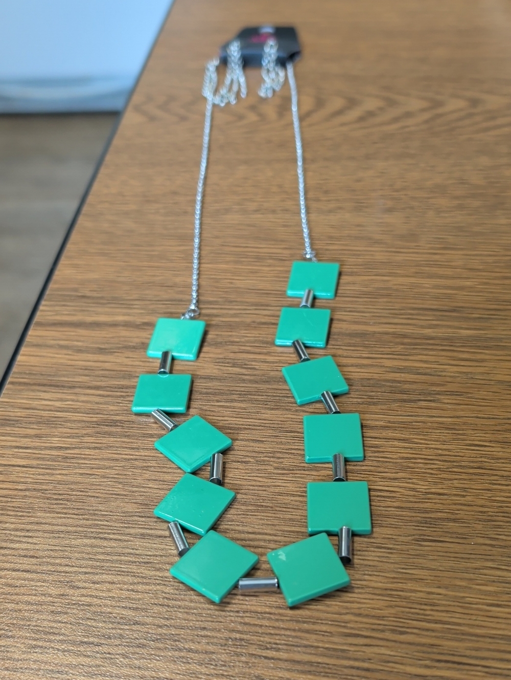 Green Square Pendant Necklace with Silver Chain